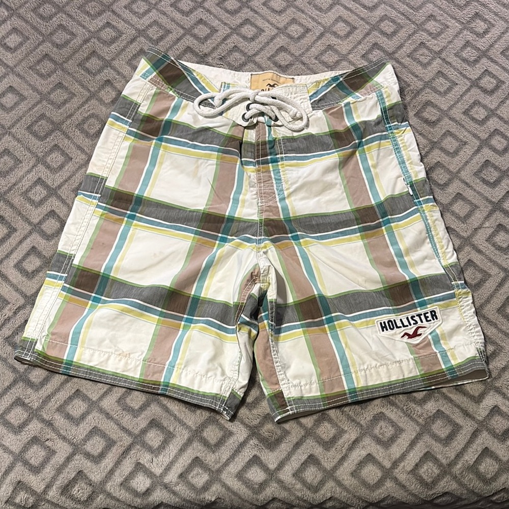 Hollister Plaid Swim Shorts - Green, Brown, White